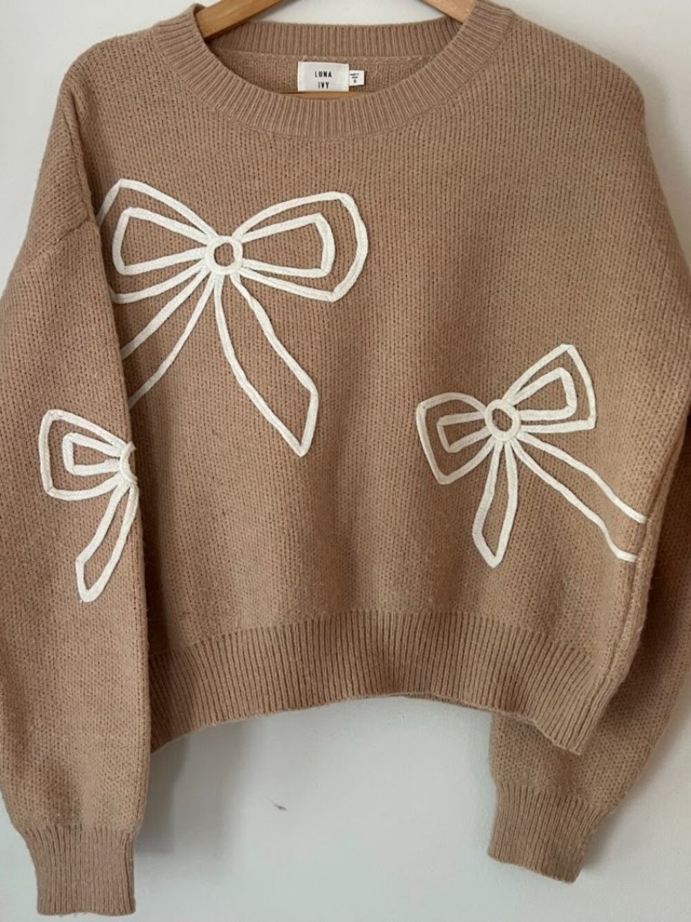 Luna Joy Women's Beige Bow Crewneck Sweater